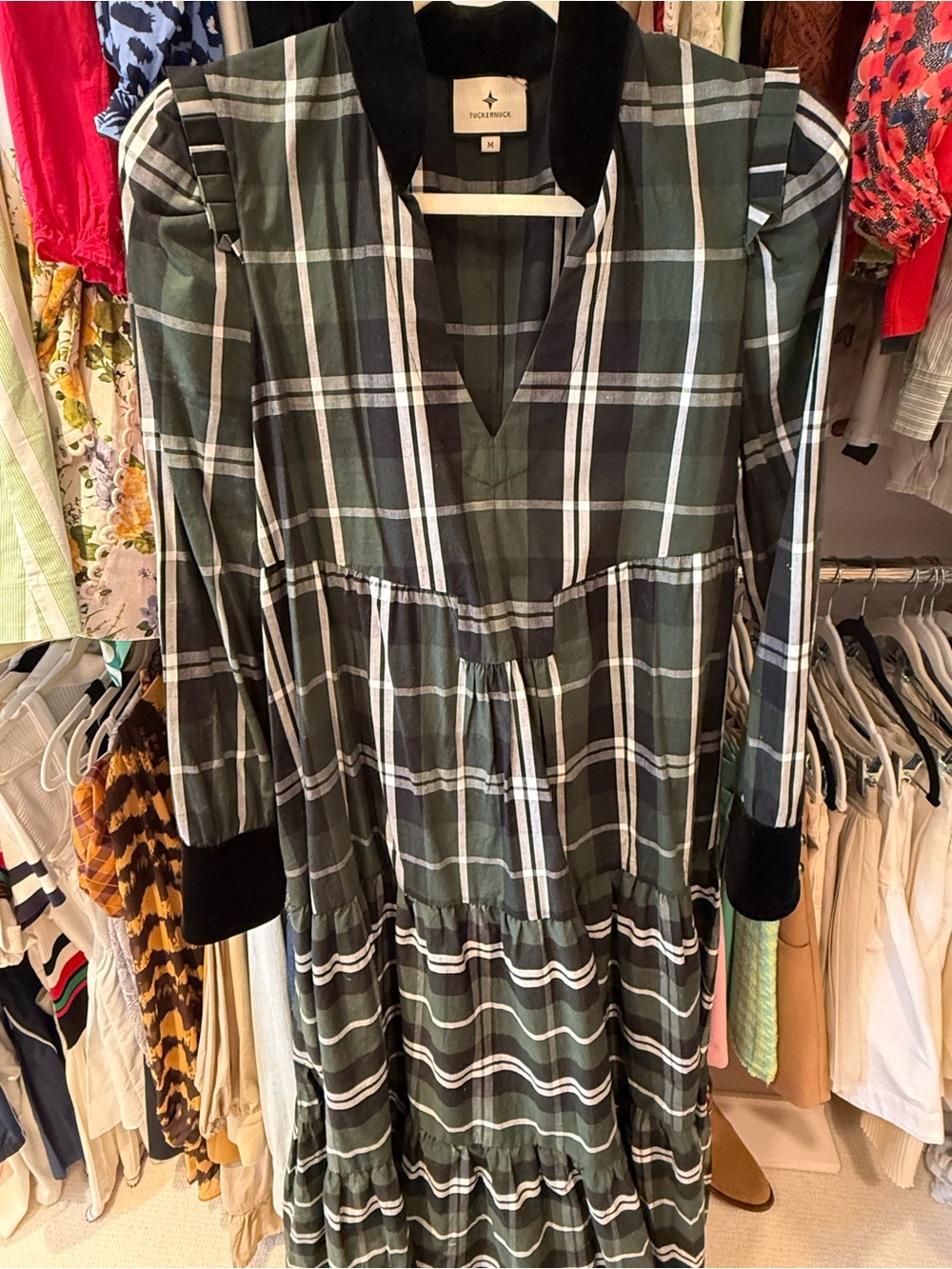 Tuckernuck Green Plaid Maxi Dress with Velvet Collar